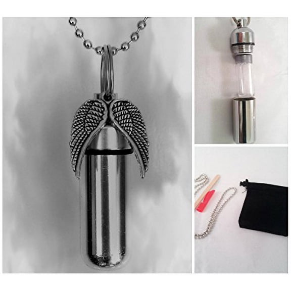 SPREAD ANGEL WINGS CREMATION URN SET with Engraved Heart - Includes Velvet Pouch, Ball-Chain, Fill-Kit, Instructions