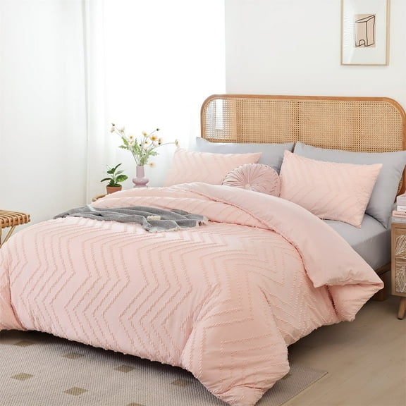 SPRINDAY 3Pcs Queen Comforter Set, Pink Boho Chevron Bedding Sets, Vertical Tufted Comforter Bed Set (1 Comforter, 2 Pillowcases)