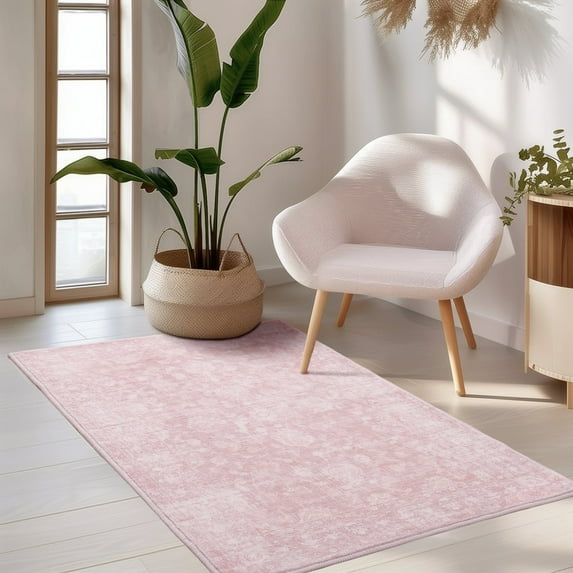 SPRINDAY Boho Pink Area Rug, 3'x5' Vintage Rugs for Entryway, Non-Slip Washable Distressed Carpet for Home Office Decor