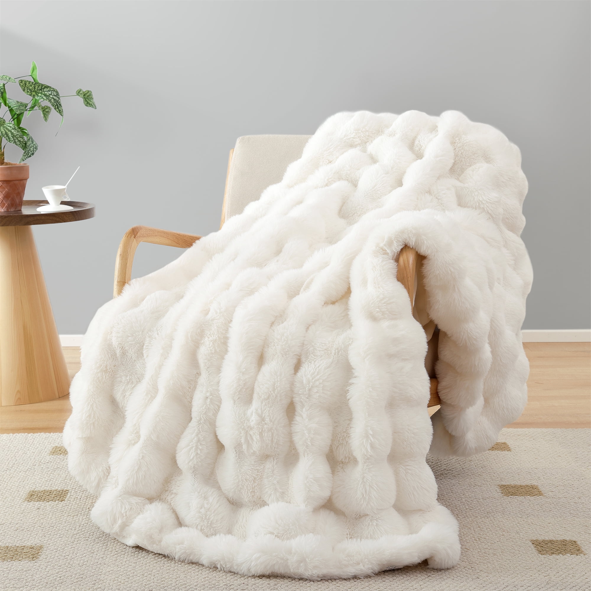 SPRINDAY Faux Fur Rabbit Fleece Cream Throw Blanket Soft Cozy Throw Blanket for Bed Couch Living Room Fluffy Home Decor Blankets for Women Fuzzy Blanket 50X60 Walmart