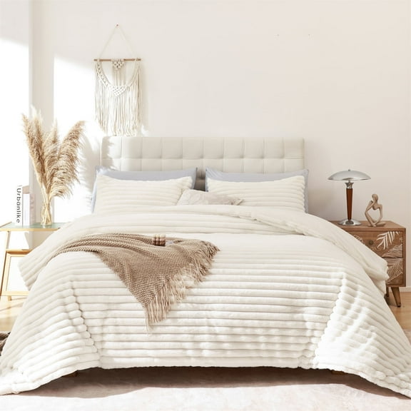 SPRINDAY Fluffy King Size Comforter Set 3 Pieces - Beige Fleece Luxury Fuzzy Reversible Bedding Comforter Set, Soft & Warm Comforter All Season with 2 Pillow Cases