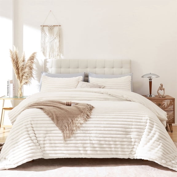 SPRINDAY Fluffy Queen Comforter Set 3 Pieces - Beige Fleece Luxury Fuzzy Reversible Bedding Comforter Set, Soft & Warm Comforter All Season with 2 Pillow Cases