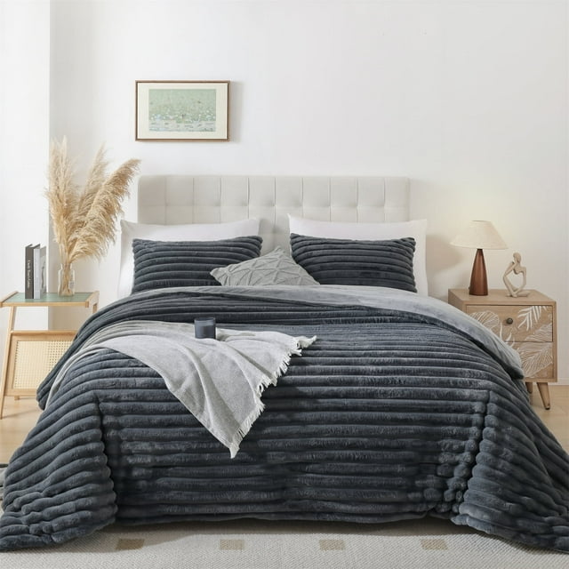 SPRINDAY Fluffy Queen Comforter Set 3 Pieces - Dark Gary Fleece Luxury Fuzzy Reversible Bedding Comforter Set, Soft & Warm Comforter All Season with 2 Pillow Cases