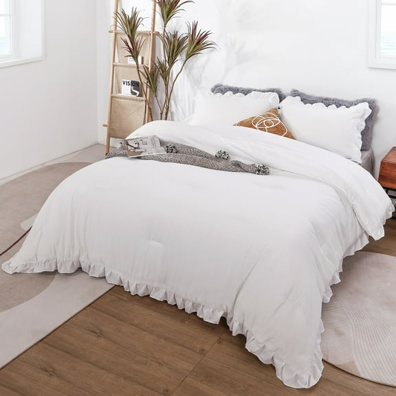 SPRINDAY Full Size Comforter Set For Adult, 3 Piece Ruffle White Comforter Sets All Season