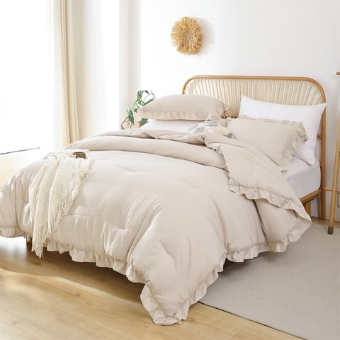 SPRINDAY Queen Size Comforter Set For Adult, 3 Piece Ruffle Beige Comforter Sets All Season