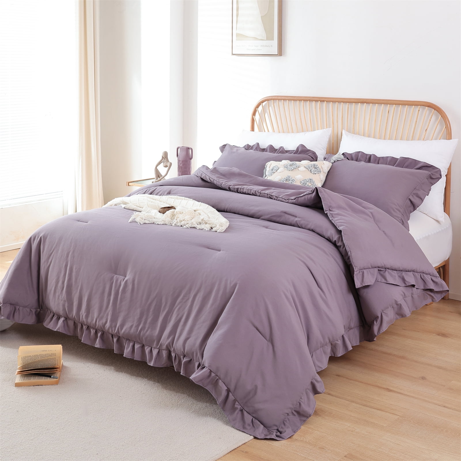 SPRINDAY Queen Size Bedding, Purple Ruffle Comforter 3 Piece Set ...