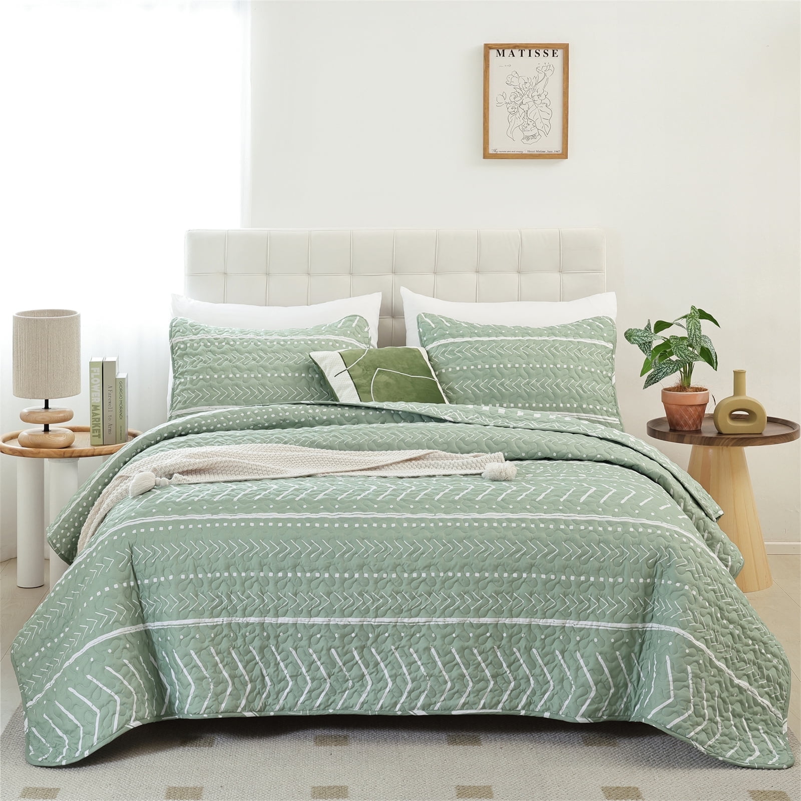SPRINDAY Quilt Set king Size - Lightweight Boho Bedding Bedspreads with Geometric Printed for All Season 3 Piece (1 Quilt, 2 Pillowcases) - Sage Green