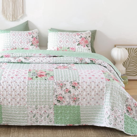 SPRINDAY Quilt Sets Queen Size, Floral 3 Pieces Green Bedding Set Bedspreads with 2 Pillow Cases- Ultra Soft Floral Coverlet with Printed Pattern