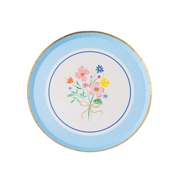 Bonjour Fte Happy Flower Bouquet mall Paper Dessert Plates, Disposable Party Supplies, 8 Count, 8 Inch, Easter, Spring, Bridal Shower