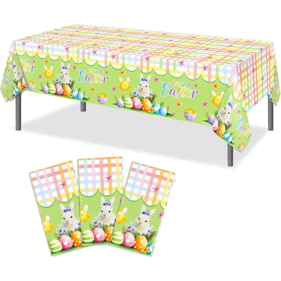 Easter Bunny Egg Spring Tablecloth Set, 3-Piece Plastic Waterproof Table Cover, 51 X 87 Inches, for Dining Table, Party Buffet and Camping Decor