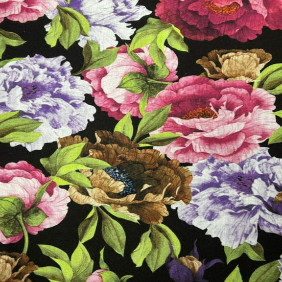 SPRING GARDEN Floral Digital Print Fabric - Cotton Hand - 58 Inch. in Width, | Home Decor, Black / Sample 3x3 Inch