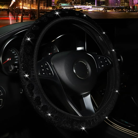 SPRING Glittering Heart-Shaped Plush Car Steering Wheel Cover For 14.5-15Inch