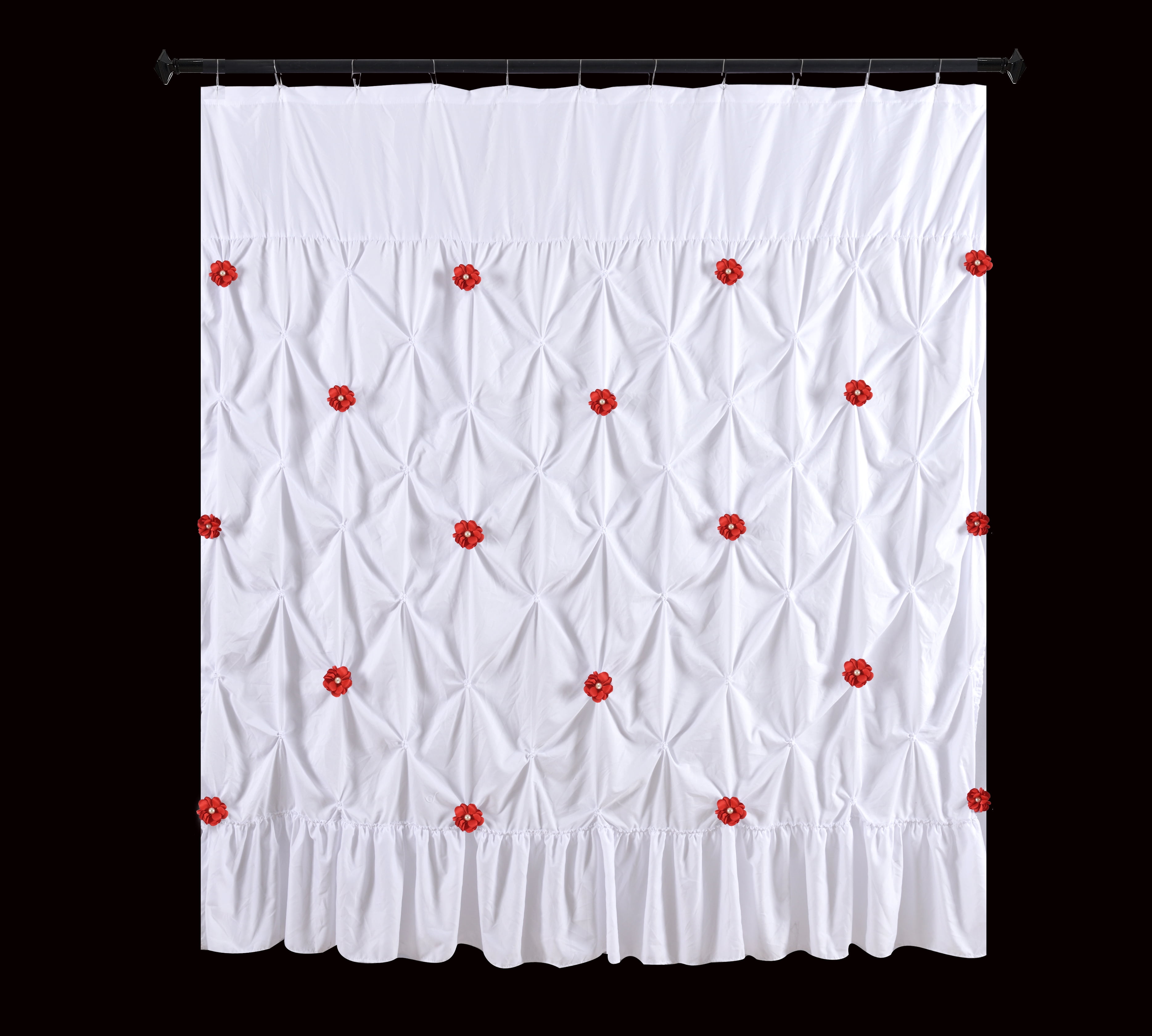 SPRING HOME PINCHED PLEAT FABRIC SHOWER CURTAIN WHITE PEARL RED FLOWER