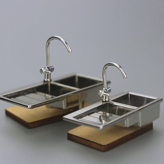 SPRING PARK 1/12 Realistic Alloy Faucet Sink Model Miniature Doll House Kitchen Accessory