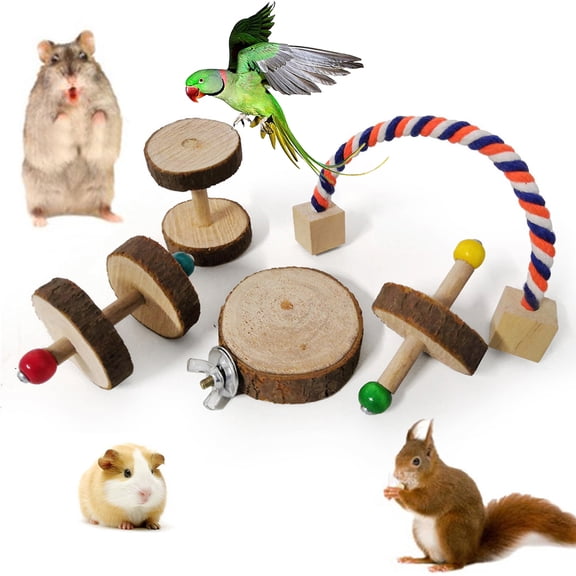 SPRING PARK 1/5Pcs Hamster Chew Toys, Pet Bunny Tooth Chew Toys, Wooden Barbell Cotton Rope Guinea Pig Toys Accessories, Teeth Care Molar Toy for Rabbits Gerbils Rats Chinchillas and Other Small Pets