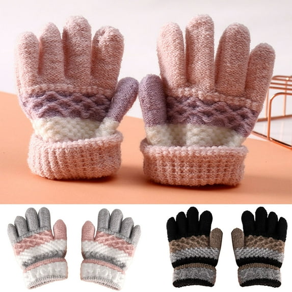 SPRING PARK 1 Pair Kids Winter Gloves Striped Full Finger Knitted Gloves Warm Stretchy for Boys Girls For 3-8 Years Boys Girls