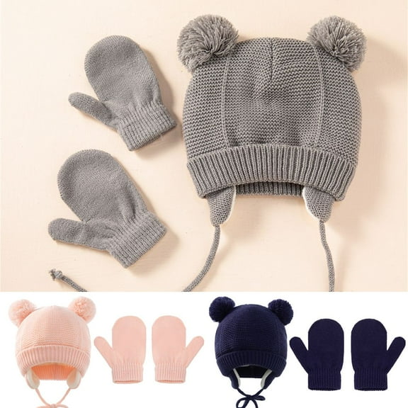 SPRING PARK 1 Set Newborn Winter Plush Balls Beanie Hat Gloves Set ,Infant Toddler Warm Knitted Hats Glove for Outdoor