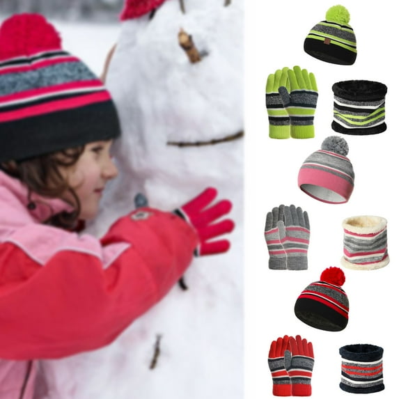 SPRING PARK 1 Set Winter Stripe Knit Beanie Hat Neck Warmer Scarf and Touch Screen Gloves Set 3 Pcs for Kids