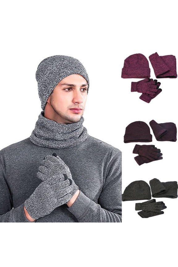1 Set Winter Warm Knit Beanie Hat Scarf Touchscreen Gloves Set for Men Women Beanie Gloves