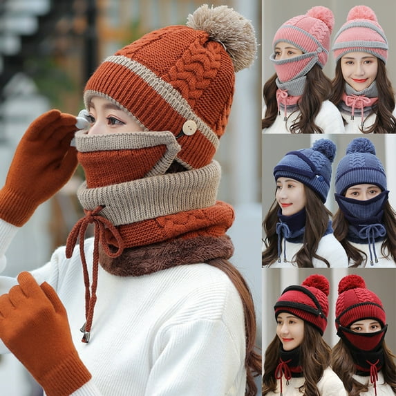 SPRING PARK 1 Set Women Winter Knitted Beanie Cap Warm Face Cover Neck Scarf Gloves Outdoor Hat+Scarf
