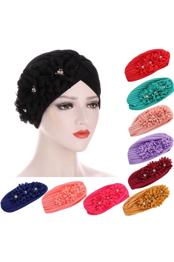 10 Colors Women Adult Elegant 3 Flower Decal Design Turban Hat Muslim Elastic Hijab Cap Hair Soft Loss Cover Headwear