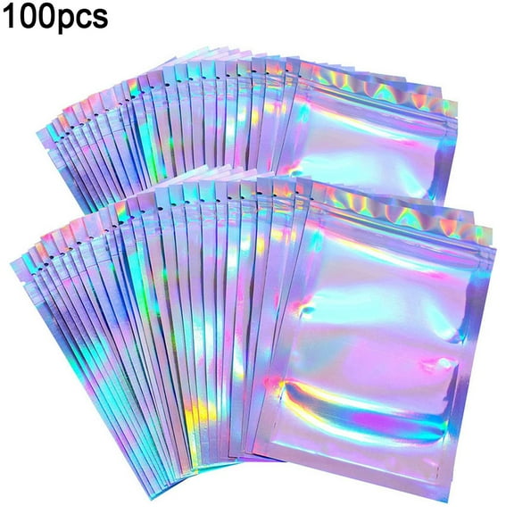 SPRING PARK 100Pcs/Set Clear Resealable Holographic Zipper Packaging Bag for Food Storage lip gloss, eyelash, Jewelry
