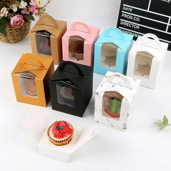 SPRING PARK 10Pcs 1 Position Paper Cupcakes Boxes,Portable Single Individual Cupcake Gift Boxes with Window Inserts Handle for Wedding Candy Boxes