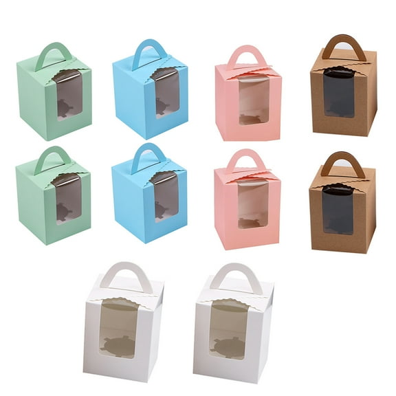 SPRING PARK 10Pcs Individual Cupcake Boxes, Single Cupcake Containers Muffins Cupcake Carriers Holders Boxes with Window Inserts and Handle for Bakery Wrapping Packaging