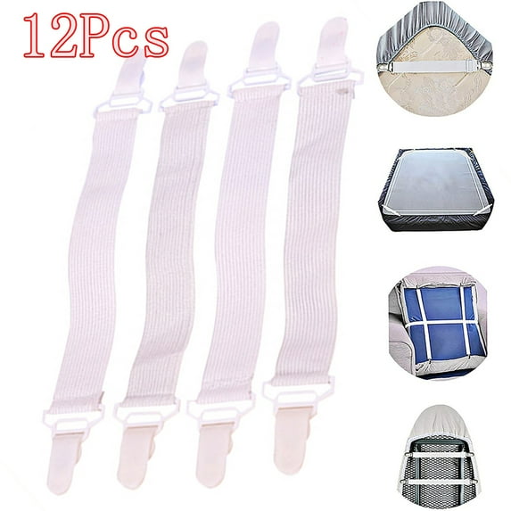 SPRING PARK 12Pcs Adjustable Bed Sheet Straps Suspenders Elastic Sheet Fasteners Grippers Garters Clips for Flat Fitted Sheet Corner Holder, Mattress, Cribs, Sofa Cushion