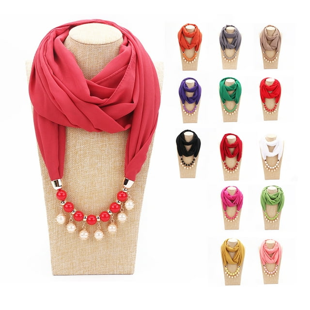 SPRING PARK 14Pcs Women Fashion Jewelry Faux Pearl Tassel Pendant Chiffon Elegant Necklace Solid Color Scarf