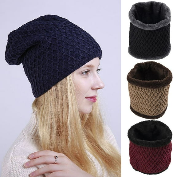 SPRING PARK 1pc Women Winter Mesh Rhombus Fleece Beanie Knit Beanie Warmer Cap or Scarf Neck