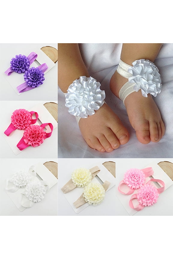 2Pcs Baby Infant Toddler Girl Ribbon Flowers Barefoot Sandals Sock Toe Shoes