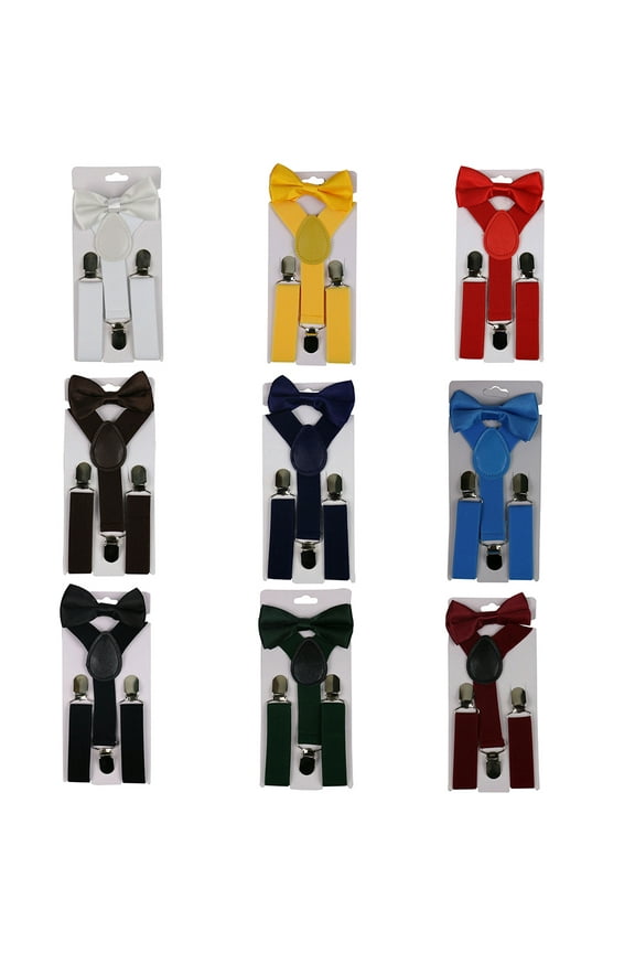 2Pcs/Set 10 Solid Color Choice Kids Boy Girls Unisex Clip-on Y-Shape Elastic Suspenders Bowtie