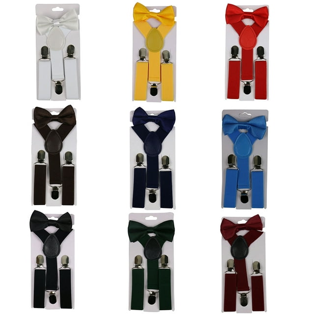 SPRING PARK 2Pcs/Set 10 Solid Color Choice Kids Boy Girls Unisex Clip-on Y-Shape Elastic Suspenders Bowtie