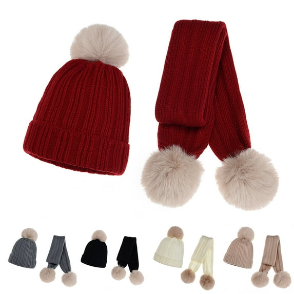SPRING PARK 2Pcs/Set Baby Children Kids Casual Solid Color Winter Autumn Warm Knitted Hat + Scarf Set with Fluffy Pompom Ball