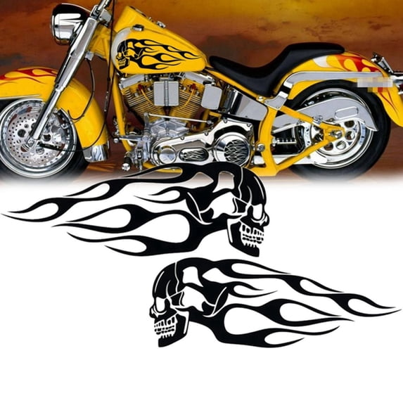 SPRING PARK 2Pcs Universal Motorcycle Motorbike Gas Tank Skull Flame Decals Sticker Decor color Black