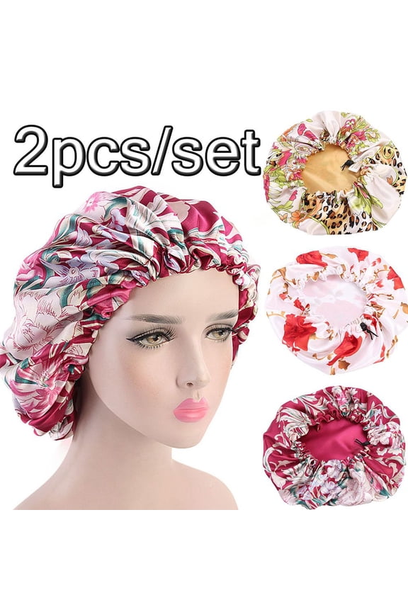 2pcs Women Double Sided Flower Pattern Elastic Satin Silk Bonnet Cap Night Sleep Hat Adjust Shower Head Wrap