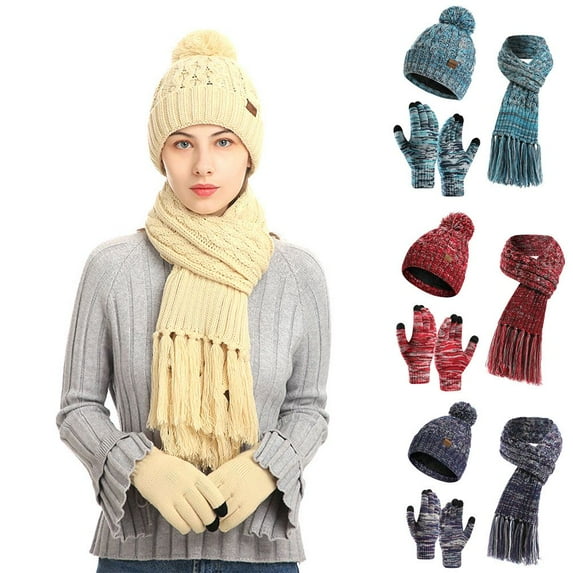 SPRING PARK 3 Pcs Winter Knit Beanie Hat Neck Warmer Scarf and Touch Screen Gloves Winter Set Skull Cap for Women