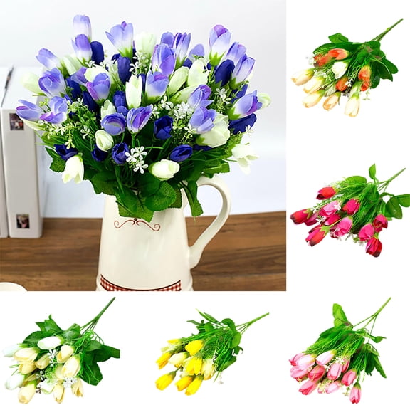 SPRING PARK 35cm “Artificial” Faux Silk Blue Tulips Wedding Bouquet (15 Count)