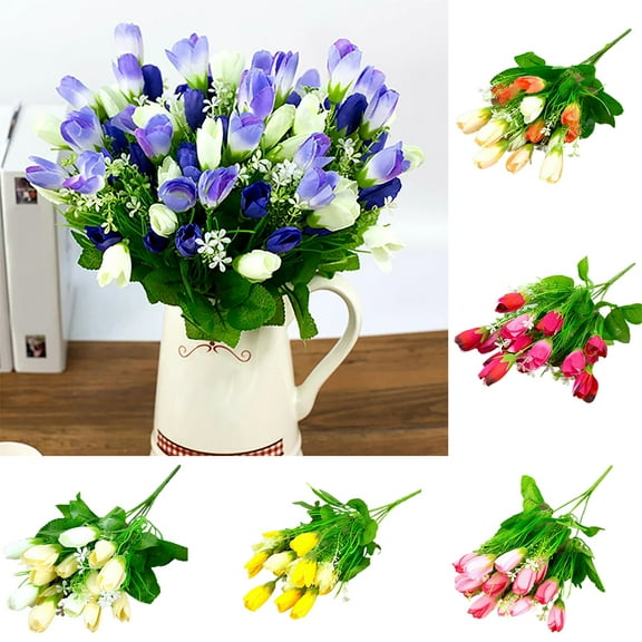 SPRING PARK 35cm “Artificial” Faux Silk Tulips Spring Bouquet (15 Count)
