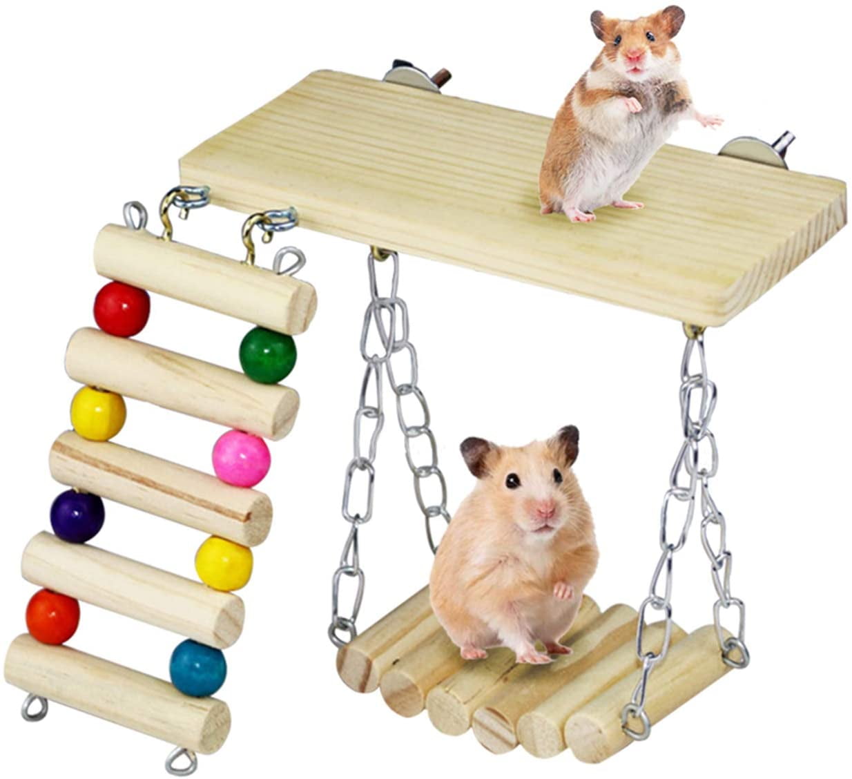 Xinuy 3 Pieces Hamster Exercise Toys Wooden Hanging Hamster Chew Toys Guinea Pig Small Animal Cage Accessories