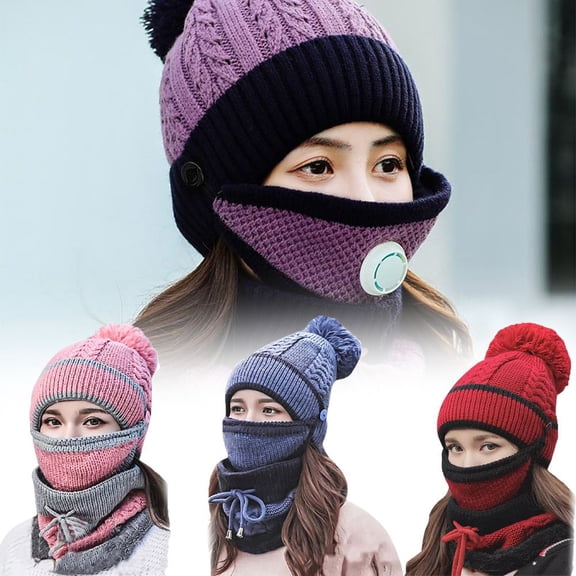 SPRING PARK 3Pcs Lined Womens Beanie Knit Hat, Winter Scarf Face cover Set,Girls Warm Hat Earmuffs Cap