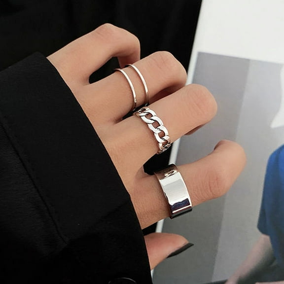 SPRING PARK 3Pcs/Set Women Personality Street Rings Open Finger Ring Chain Buckle Adjustable Ring