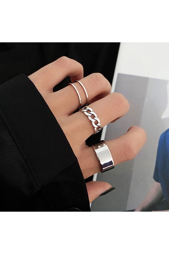 3Pcs/Set Women Personality Street Rings Open Finger Ring Chain Buckle Adjustable Ring