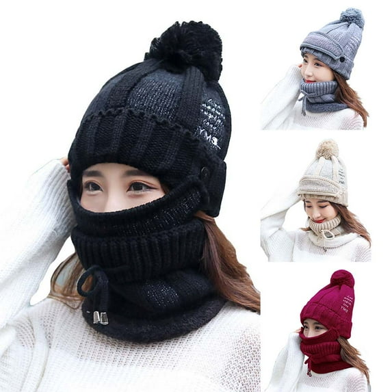SPRING PARK 3Pcs/Set Women Winter Casual Outdoor Thick Warm Woolen Knitted Beanie Hat Face Mask Neck Scarf