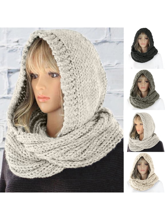 4 Colors Autumn Winter Women Outdoor Thick Outdoor Warm Keeping Solid Color Soft Casual Knitted Hooded Scarf