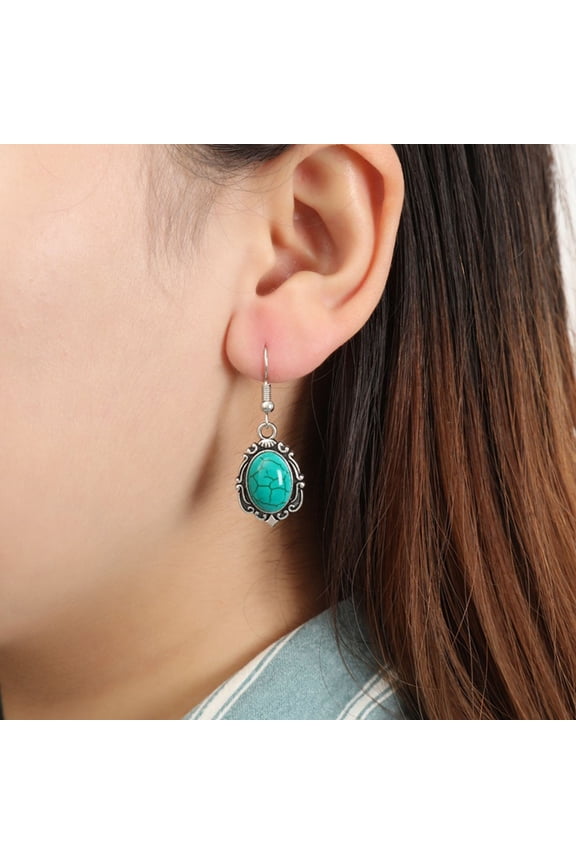 4Pcs/Set Earrings Bracelet Necklace Jewellery Set Vintage Antique Silver Turquoise Stone Bracelet