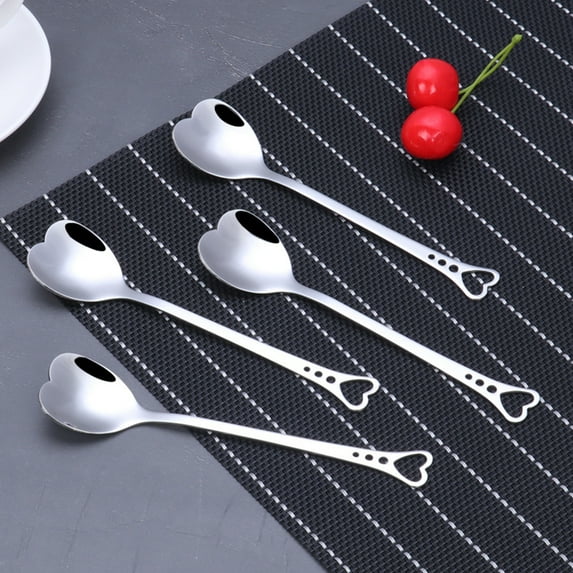 SPRING PARK 4Pcs/Set Spoon Heart Shape Teaspoons Cutlery Tea Spoon Stainless Steel Silver Coffee Sugar Home Office