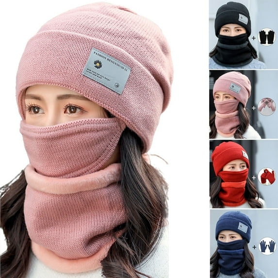 SPRING PARK 4Pcs/Set Women Solid Color Winter Outdoor Soft Knitted Beanie Hat Casual Warm Neck Scarf Face Cover Gloves Set