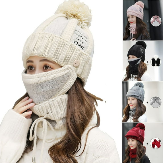 SPRING PARK 4Pcs/Set Women Winter Thick Single Pompon Knitted Letters Hat Scarf Face Cover Gloves Outdoor Warm Set